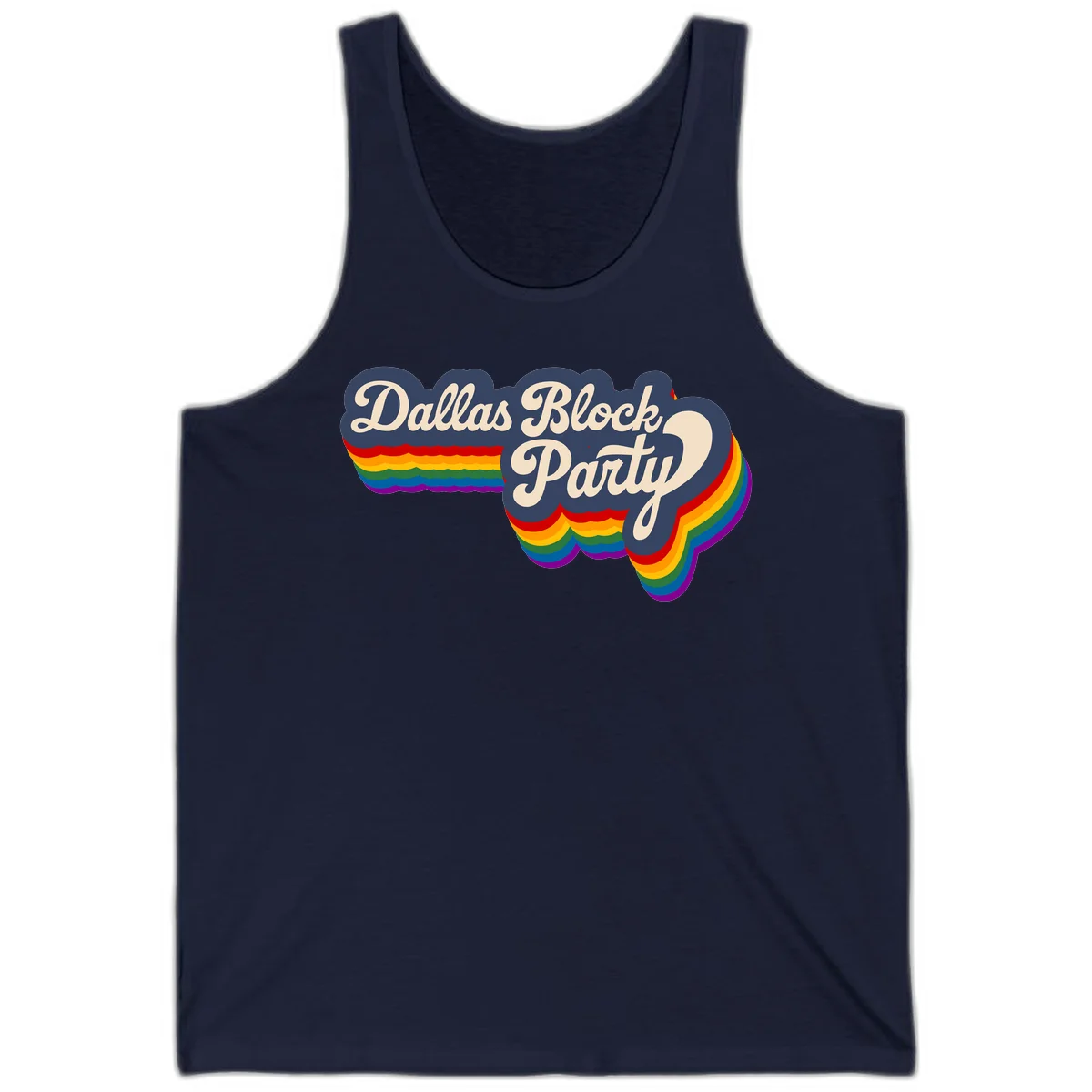 Dallas Block Party design featuring Texas state shape with rainbow pride stripes and vintage script text on navy background in Navy