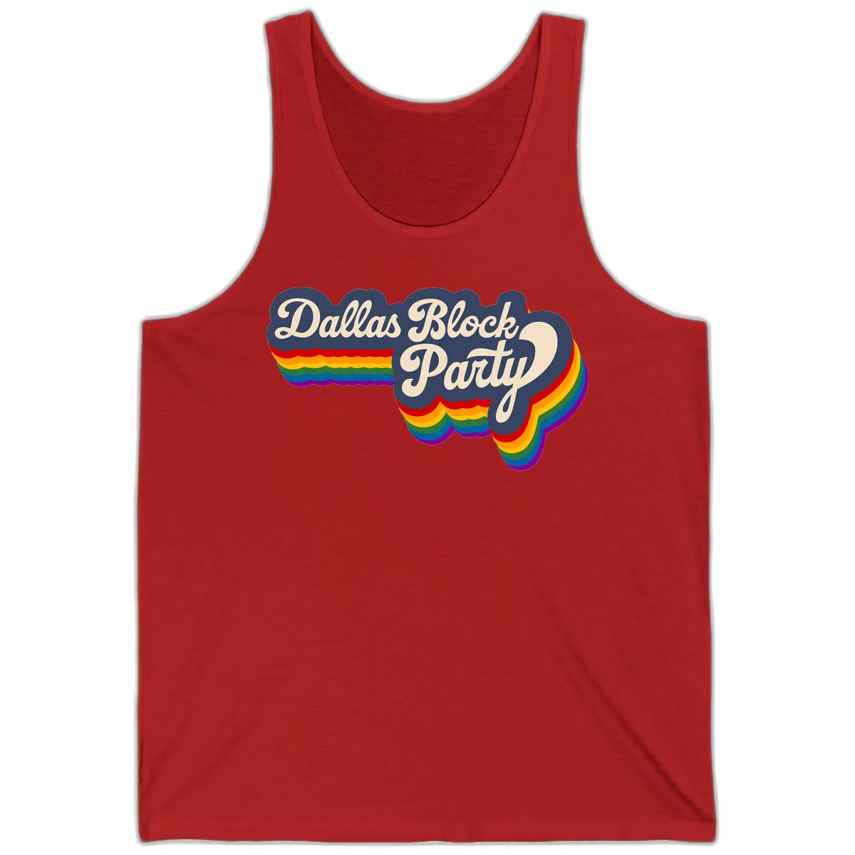 Dallas Block Party design featuring Texas state shape with rainbow pride stripes and vintage script text on navy background in Red