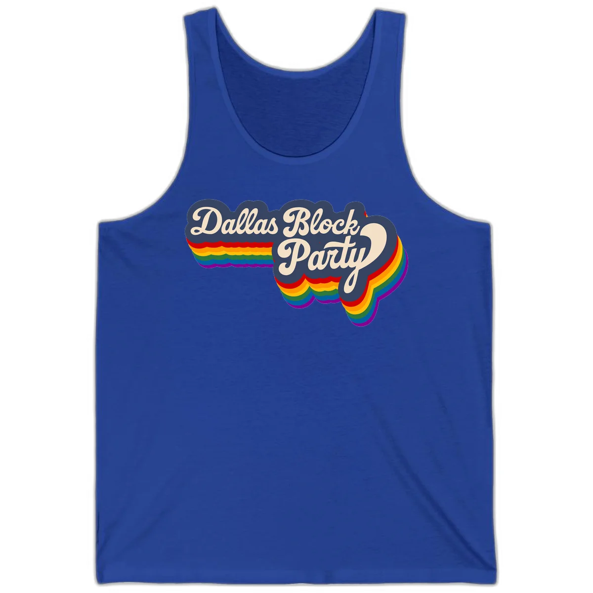 Dallas Block Party design featuring Texas state shape with rainbow pride stripes and vintage script text on navy background in True Royal