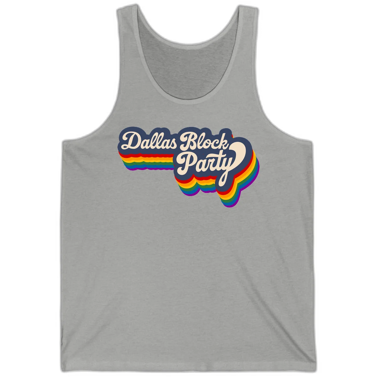 Dallas Block Party design featuring Texas state shape with rainbow pride stripes and vintage script text on navy background in Athletic Heather