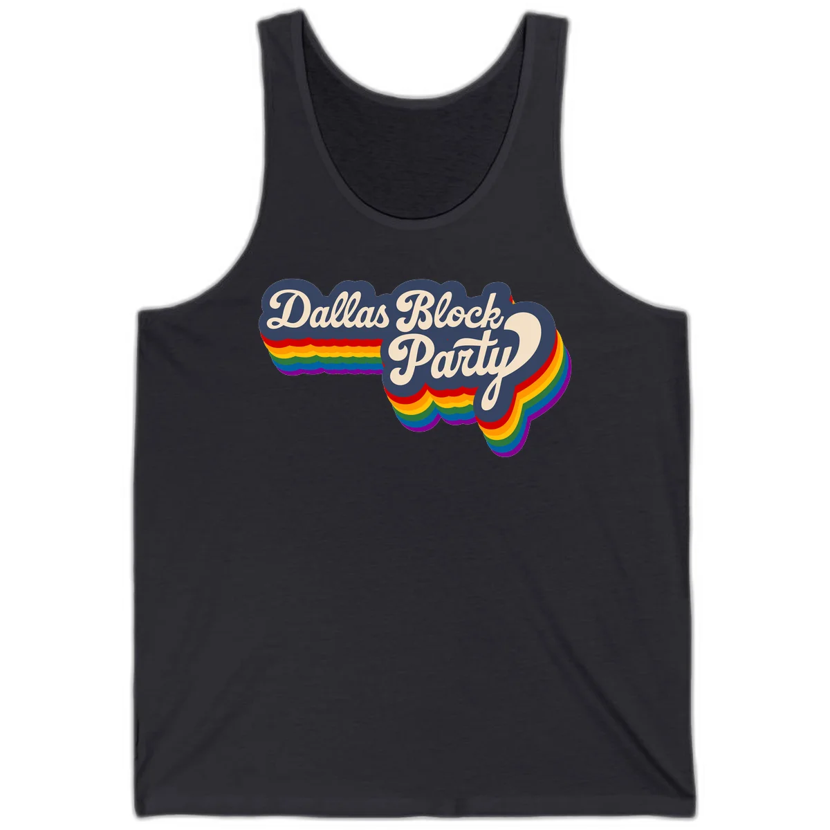 Dallas Block Party design featuring Texas state shape with rainbow pride stripes and vintage script text on navy background in Dark Grey