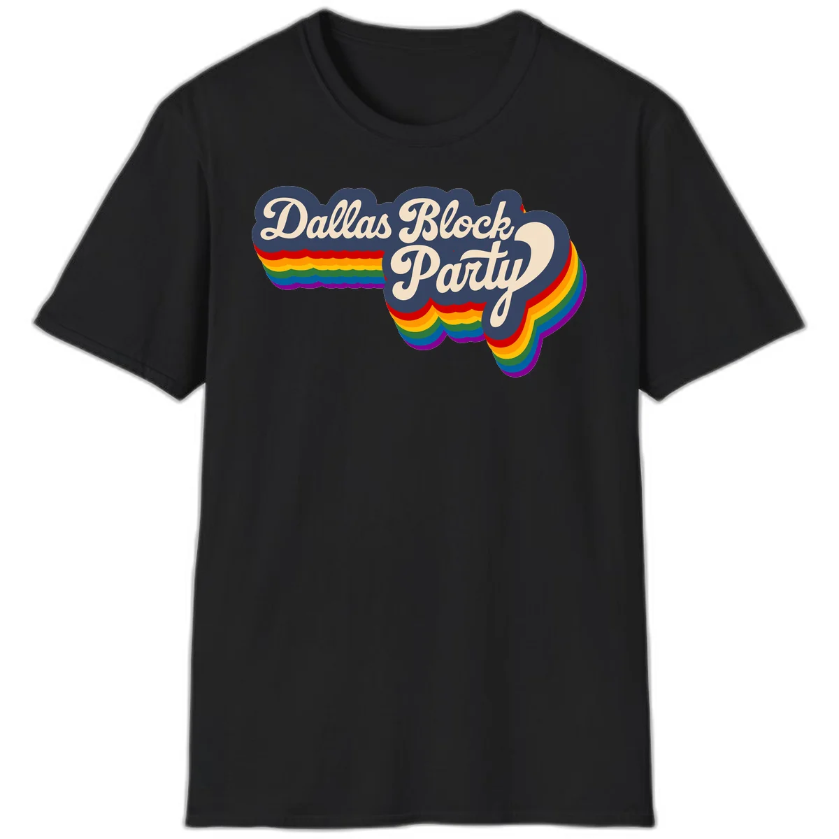 Dallas Block Party design featuring Texas state shape with rainbow pride stripes and vintage script text on navy background in Black