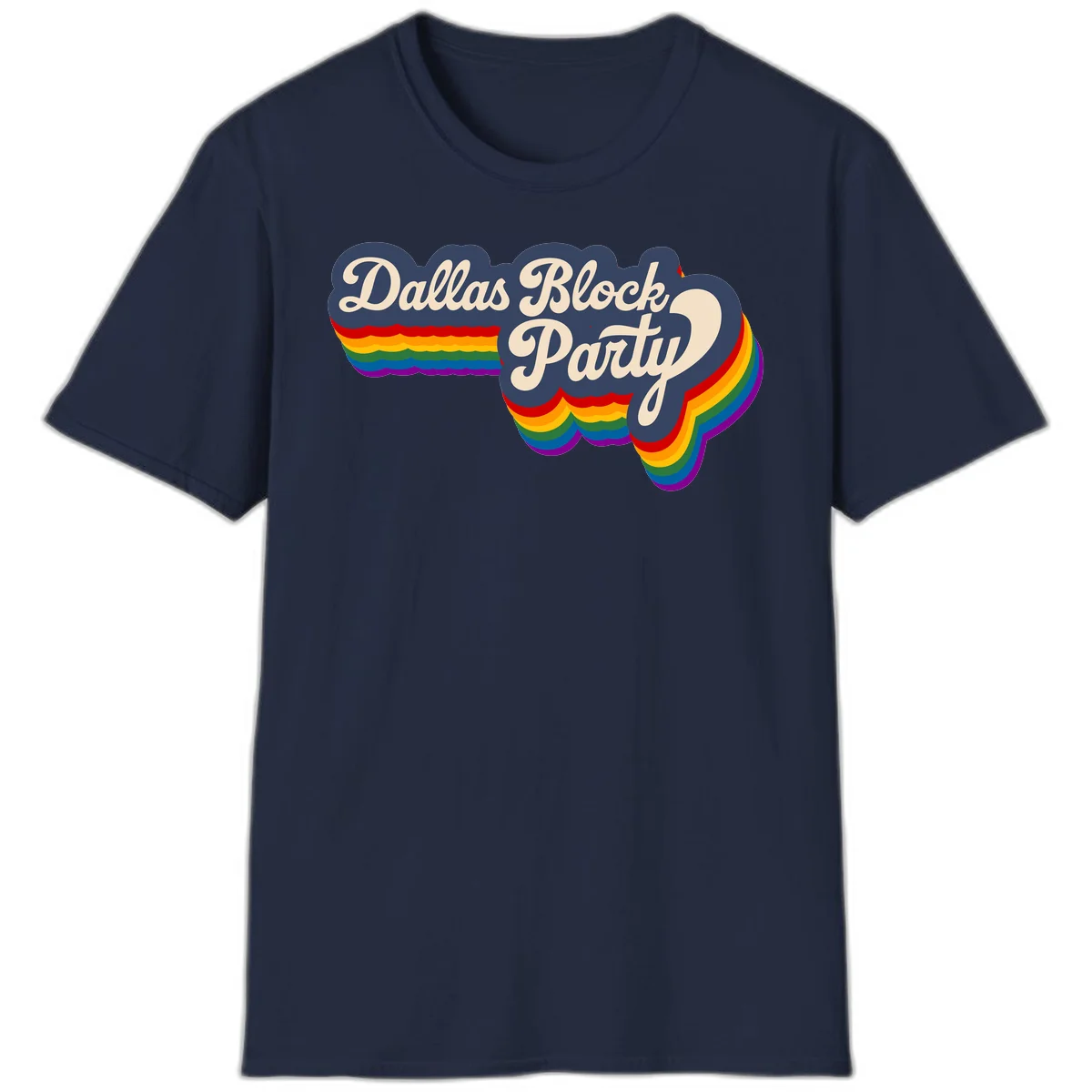 Dallas Block Party design featuring Texas state shape with rainbow pride stripes and vintage script text on navy background in Navy