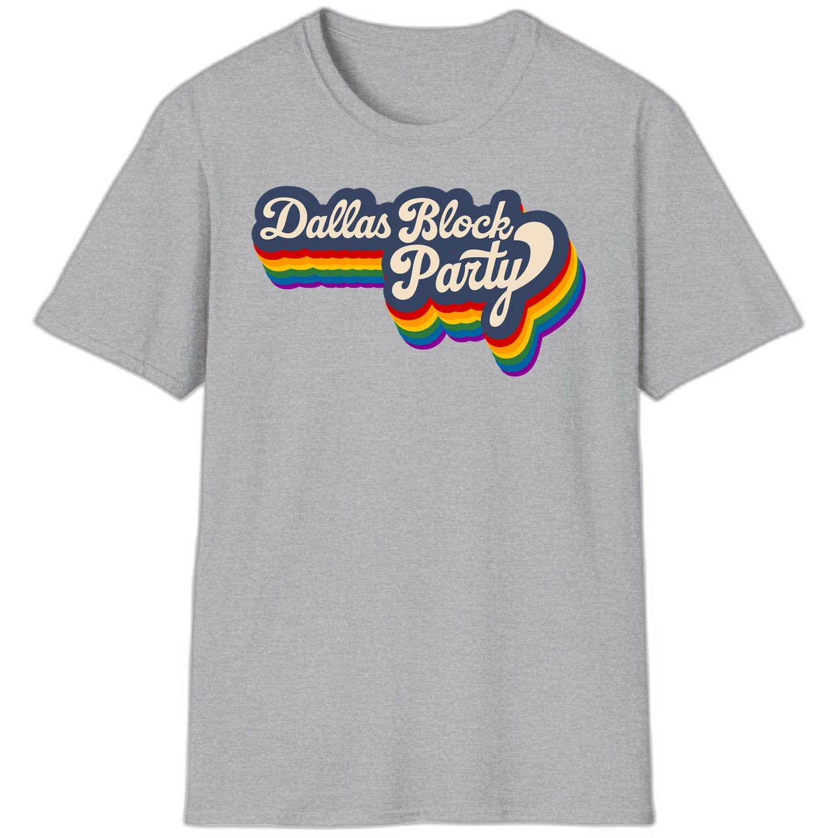 Dallas Block Party design featuring Texas state shape with rainbow pride stripes and vintage script text on navy background in Sport Grey