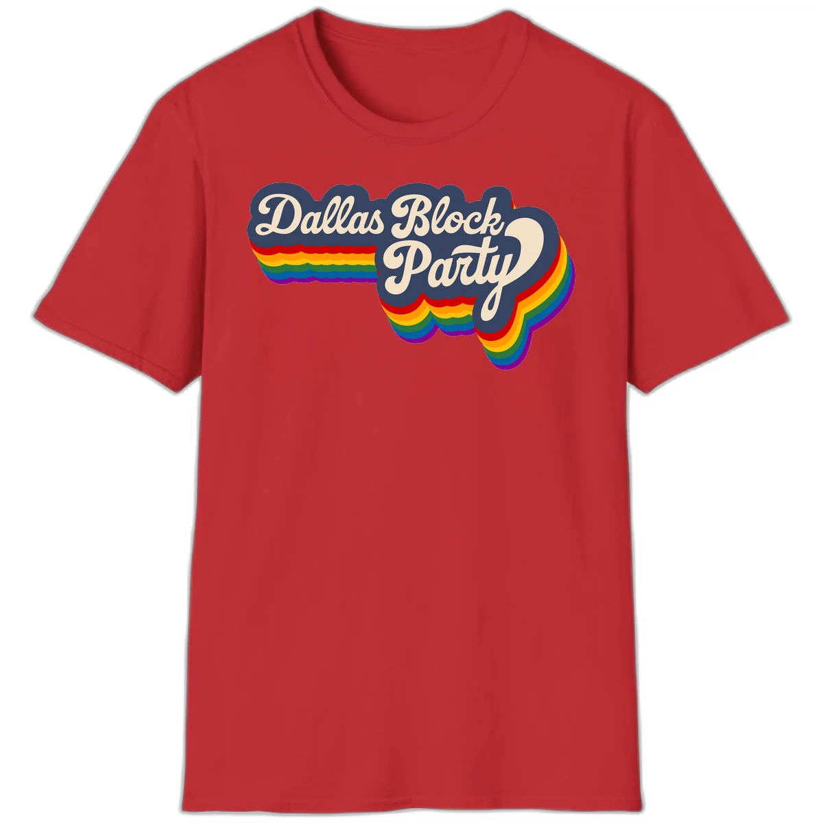 Dallas Block Party design featuring Texas state shape with rainbow pride stripes and vintage script text on navy background in Red