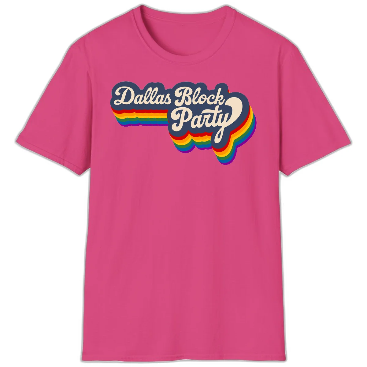 Dallas Block Party design featuring Texas state shape with rainbow pride stripes and vintage script text on navy background in Heliconia