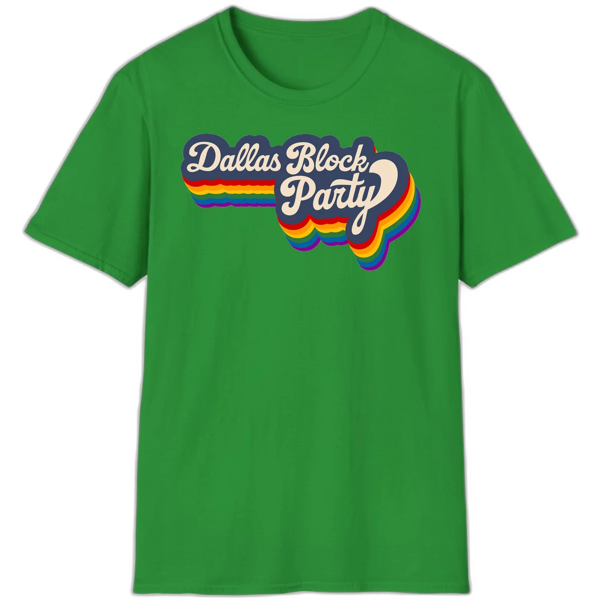 Dallas Block Party design featuring Texas state shape with rainbow pride stripes and vintage script text on navy background in Irish Green