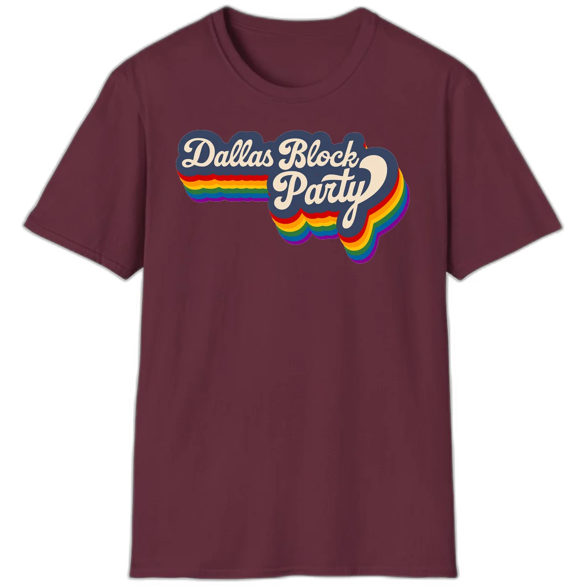 Dallas Block Party design featuring Texas state shape with rainbow pride stripes and vintage script text on navy background in Maroon