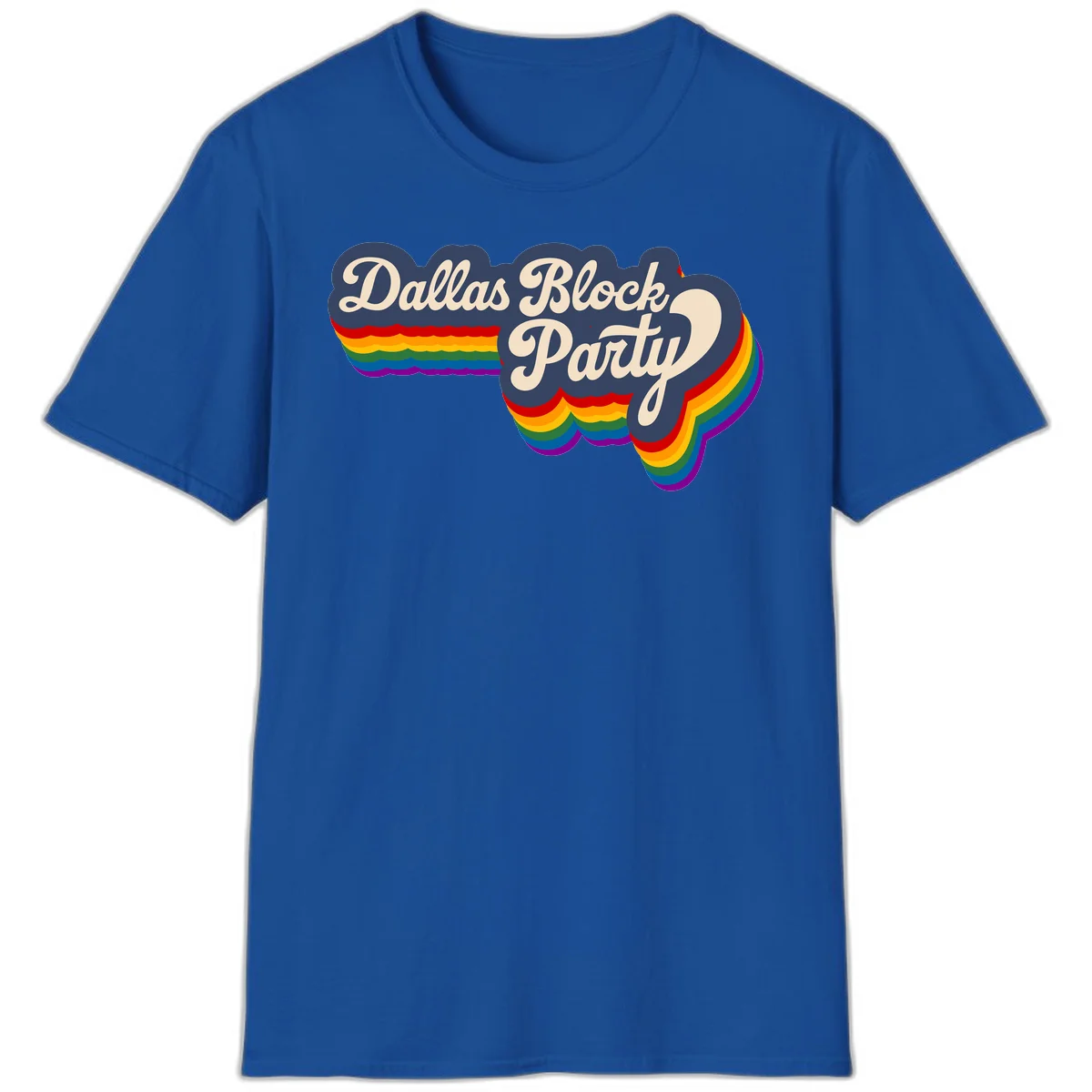 Dallas Block Party design featuring Texas state shape with rainbow pride stripes and vintage script text on navy background in Royal