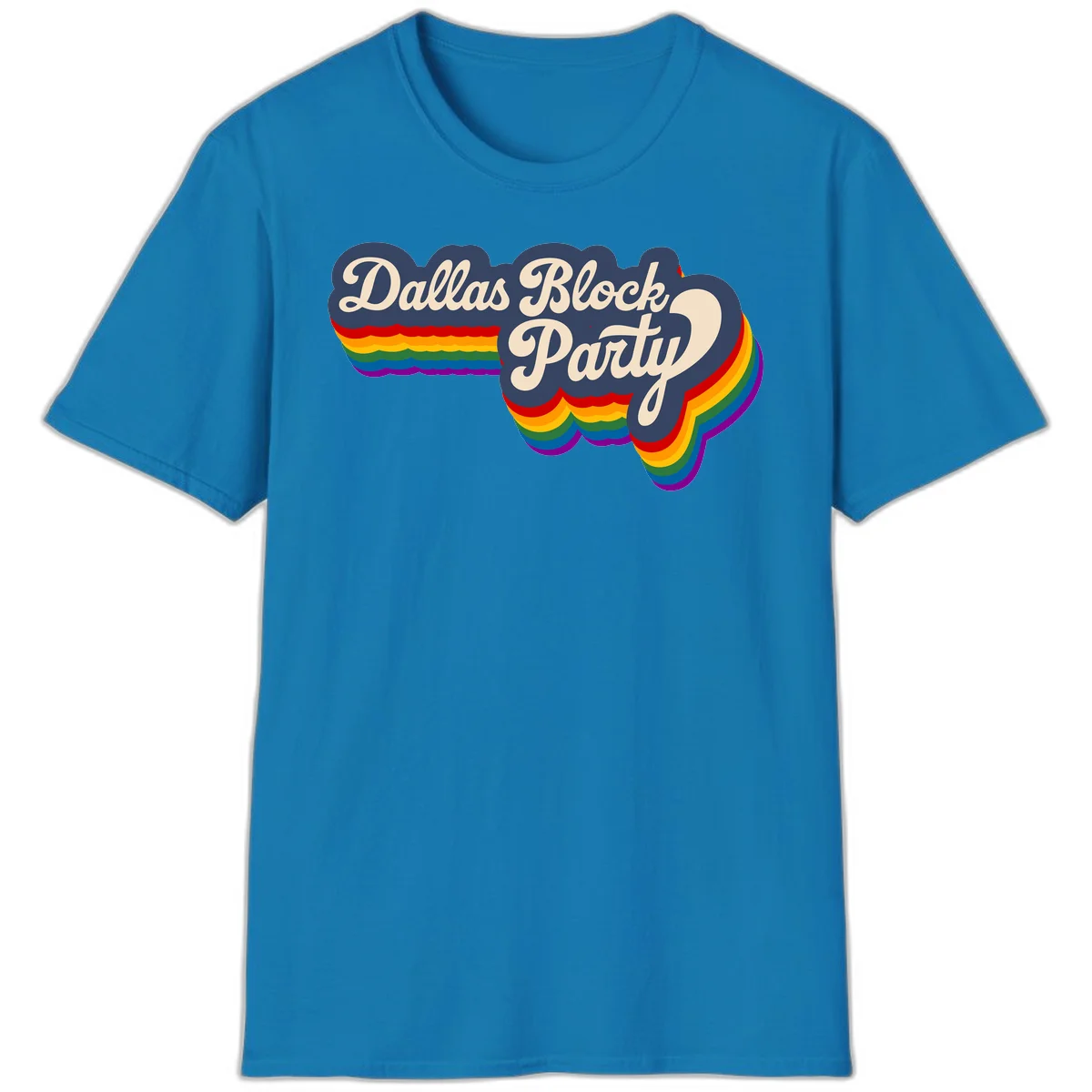 Dallas Block Party design featuring Texas state shape with rainbow pride stripes and vintage script text on navy background in Sapphire