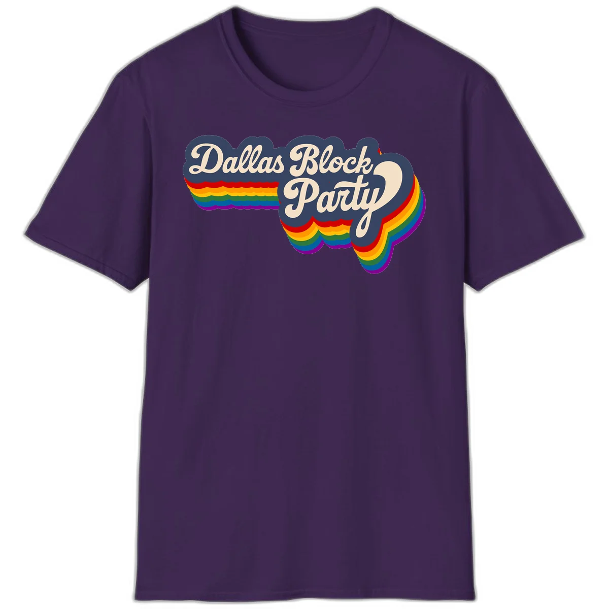 Dallas Block Party design featuring Texas state shape with rainbow pride stripes and vintage script text on navy background in Purple