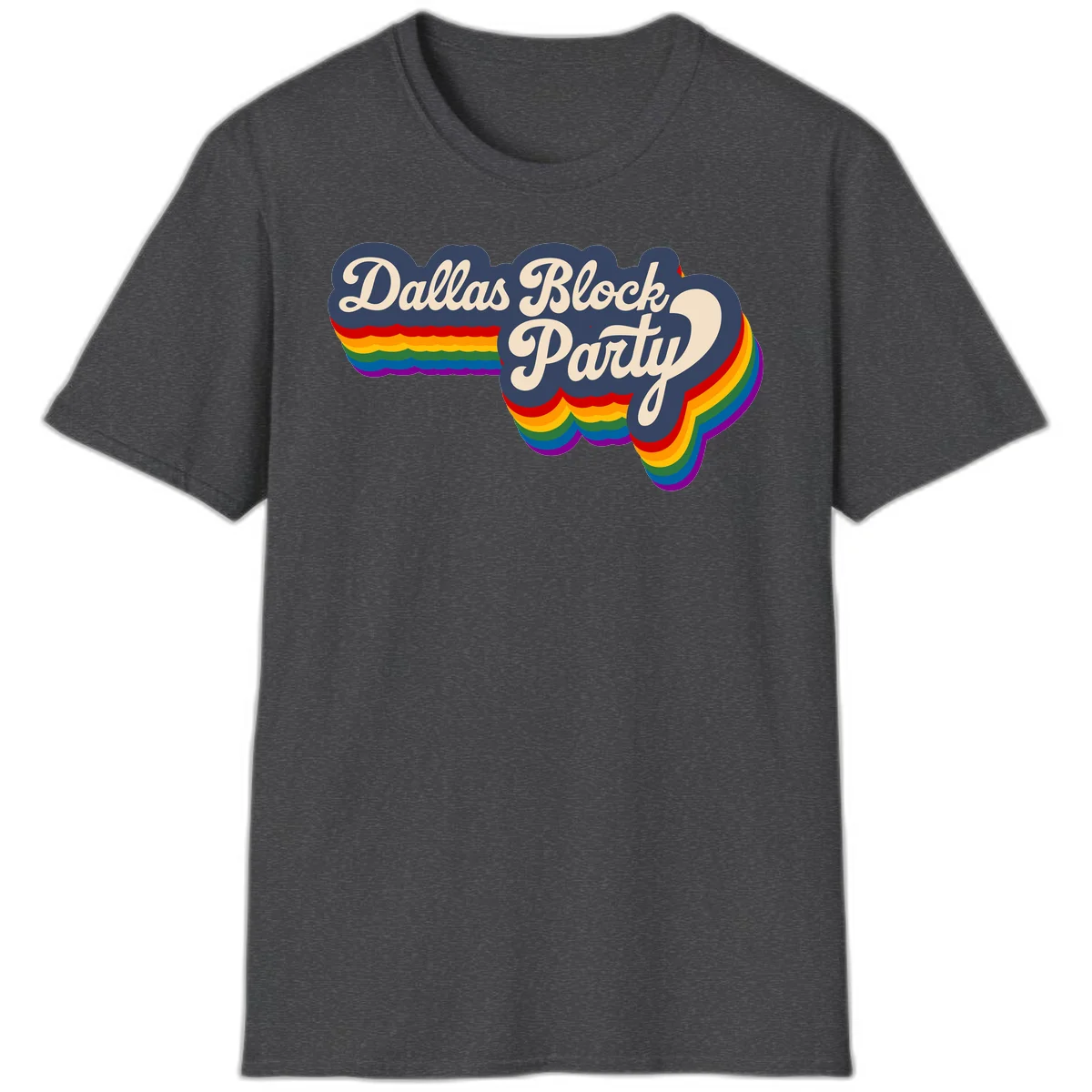 Dallas Block Party design featuring Texas state shape with rainbow pride stripes and vintage script text on navy background in Dark Heather