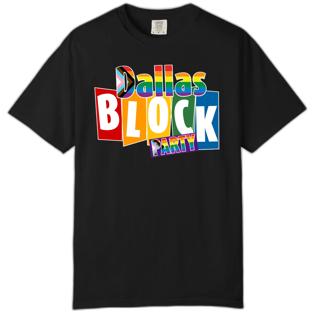 Dudes Block Party Pride design with colorful rainbow stripes, progress pride flag, and bold layered text celebrating LGBTQ+ pride in Black