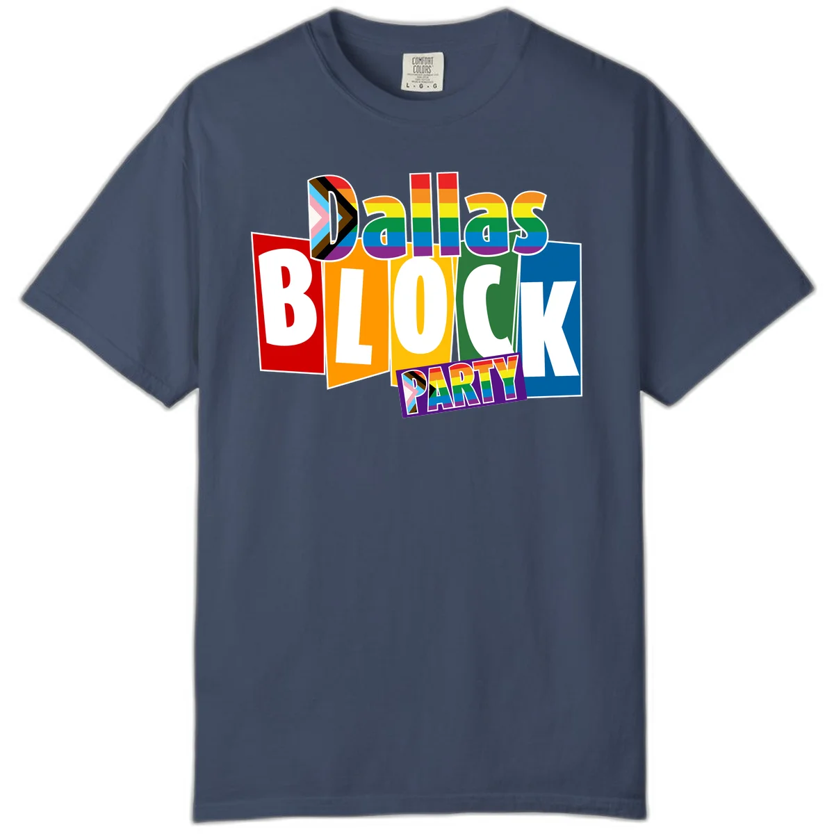 Dudes Block Party Pride design with colorful rainbow stripes, progress pride flag, and bold layered text celebrating LGBTQ+ pride in Midnight