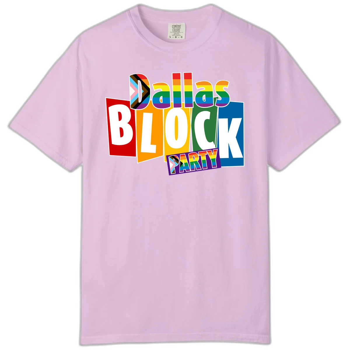 Dudes Block Party Pride design with colorful rainbow stripes, progress pride flag, and bold layered text celebrating LGBTQ+ pride in Orchid