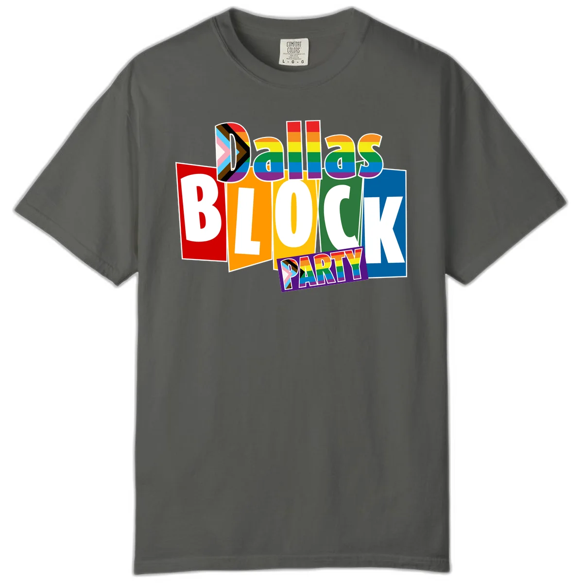 Dudes Block Party Pride design with colorful rainbow stripes, progress pride flag, and bold layered text celebrating LGBTQ+ pride in Pepper