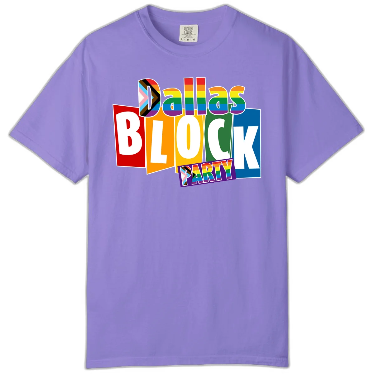 Dudes Block Party Pride design with colorful rainbow stripes, progress pride flag, and bold layered text celebrating LGBTQ+ pride in Violet