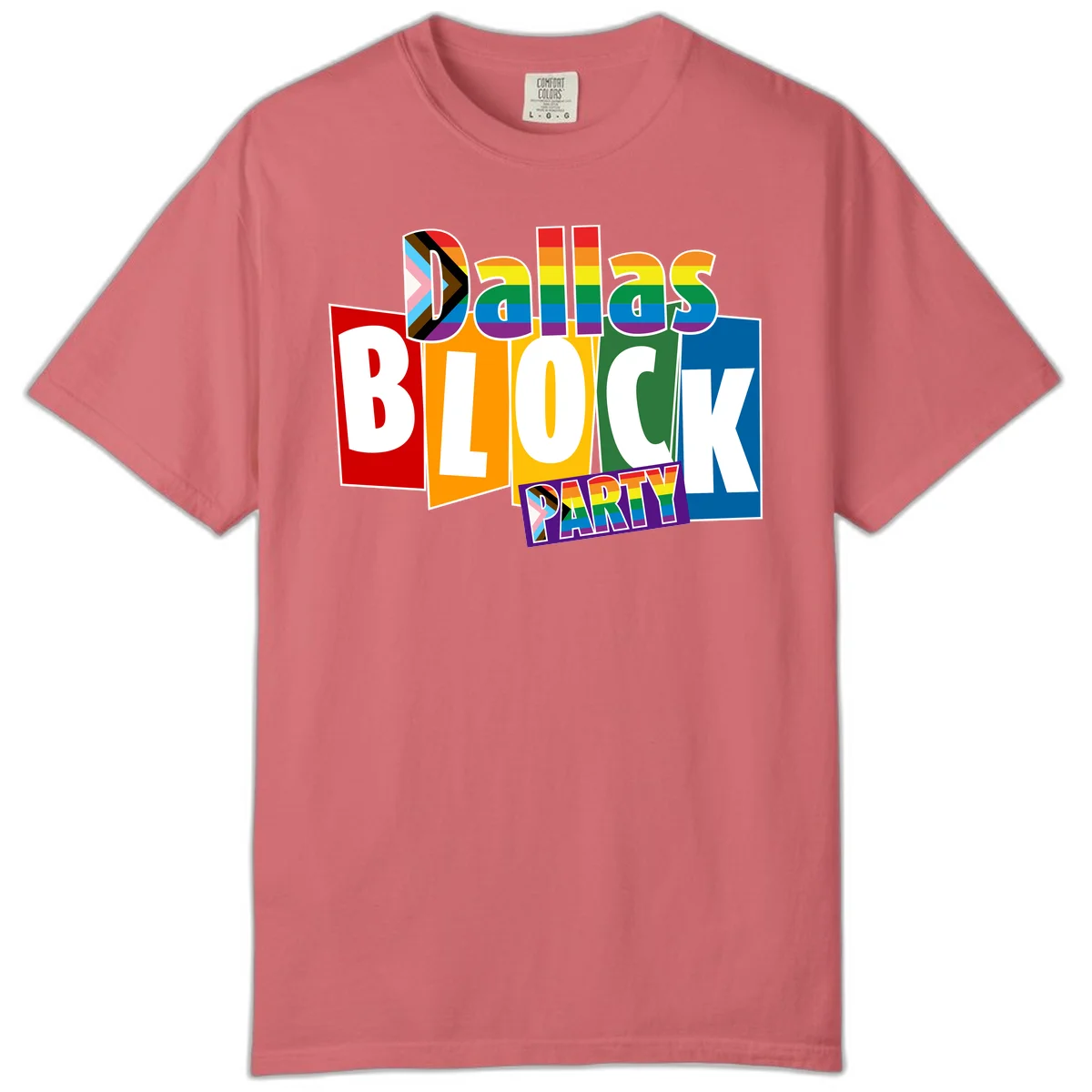 Dudes Block Party Pride design with colorful rainbow stripes, progress pride flag, and bold layered text celebrating LGBTQ+ pride in Watermelon