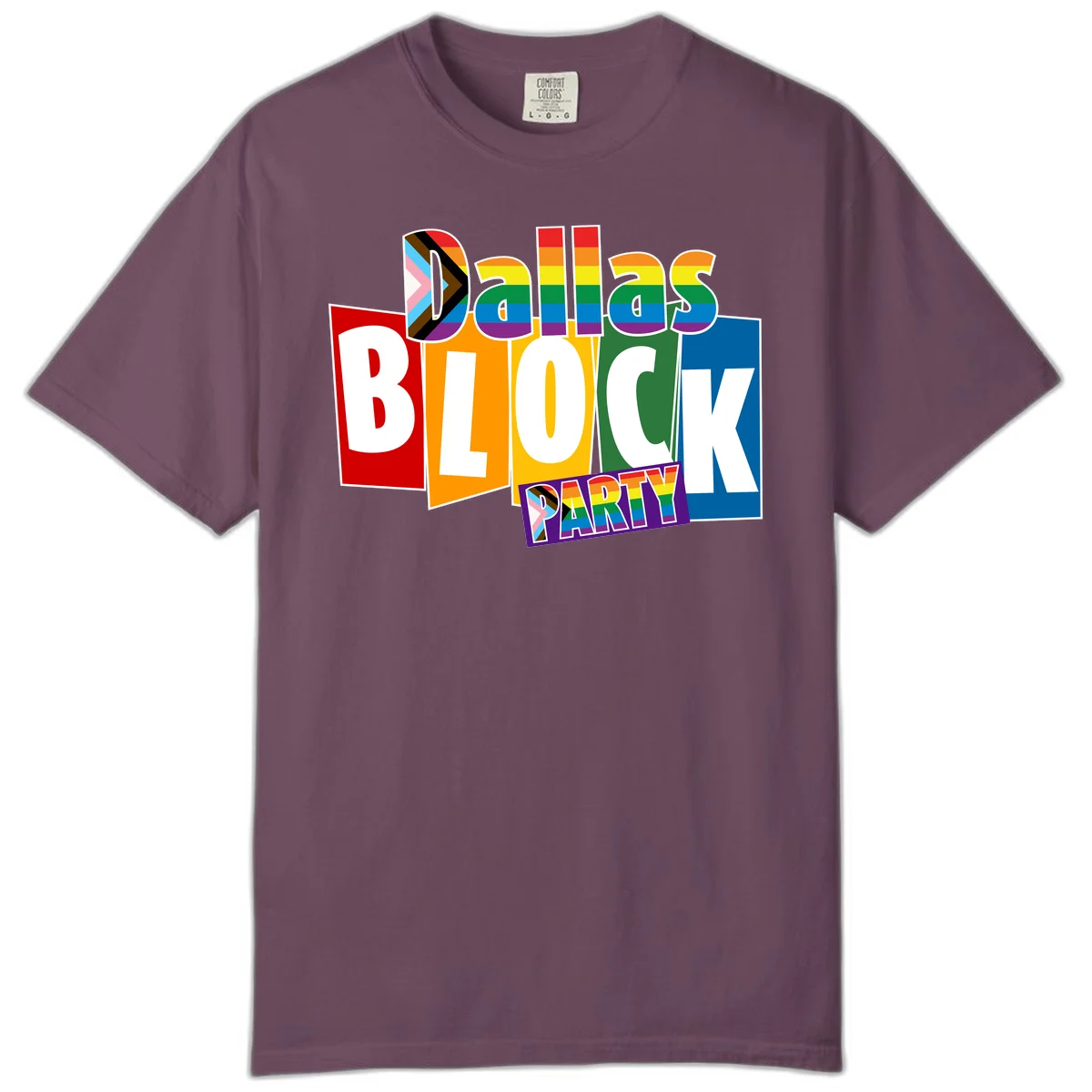 Dudes Block Party Pride design with colorful rainbow stripes, progress pride flag, and bold layered text celebrating LGBTQ+ pride in Berry
