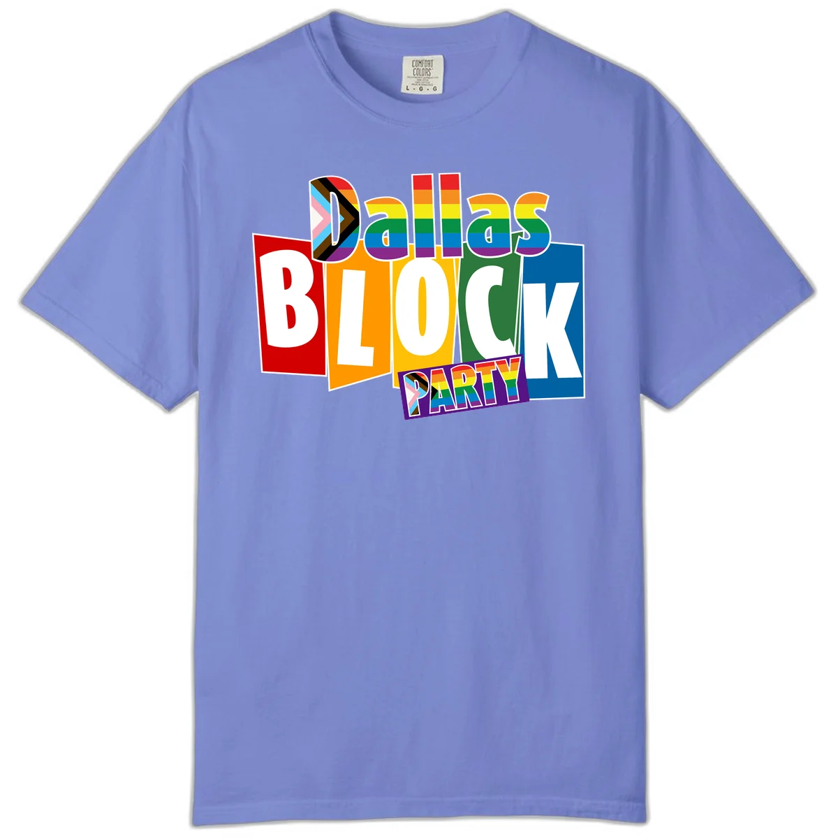 Dudes Block Party Pride design with colorful rainbow stripes, progress pride flag, and bold layered text celebrating LGBTQ+ pride in Flo Blue