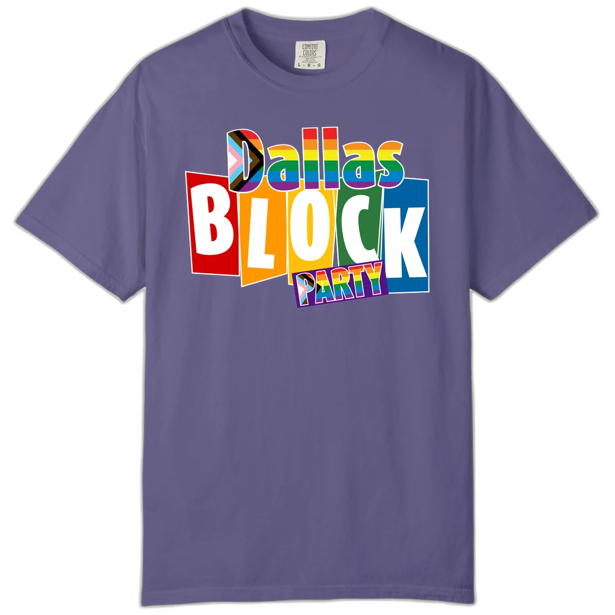 Dudes Block Party Pride design with colorful rainbow stripes, progress pride flag, and bold layered text celebrating LGBTQ+ pride in Grape