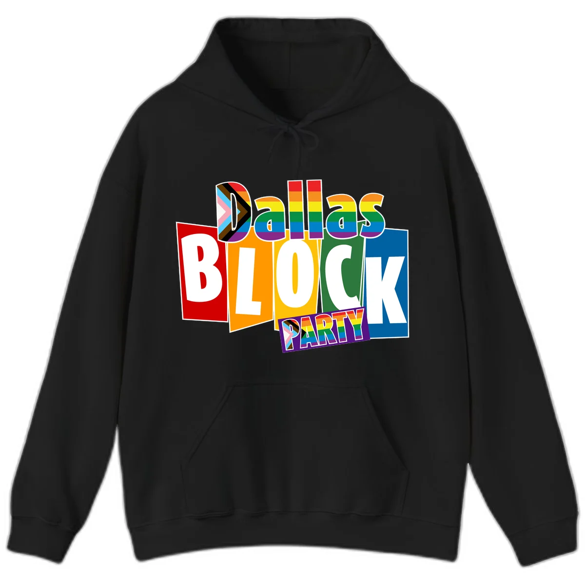 Dudes Block Party Pride design with colorful rainbow stripes, progress pride flag, and bold layered text celebrating LGBTQ+ pride in Black