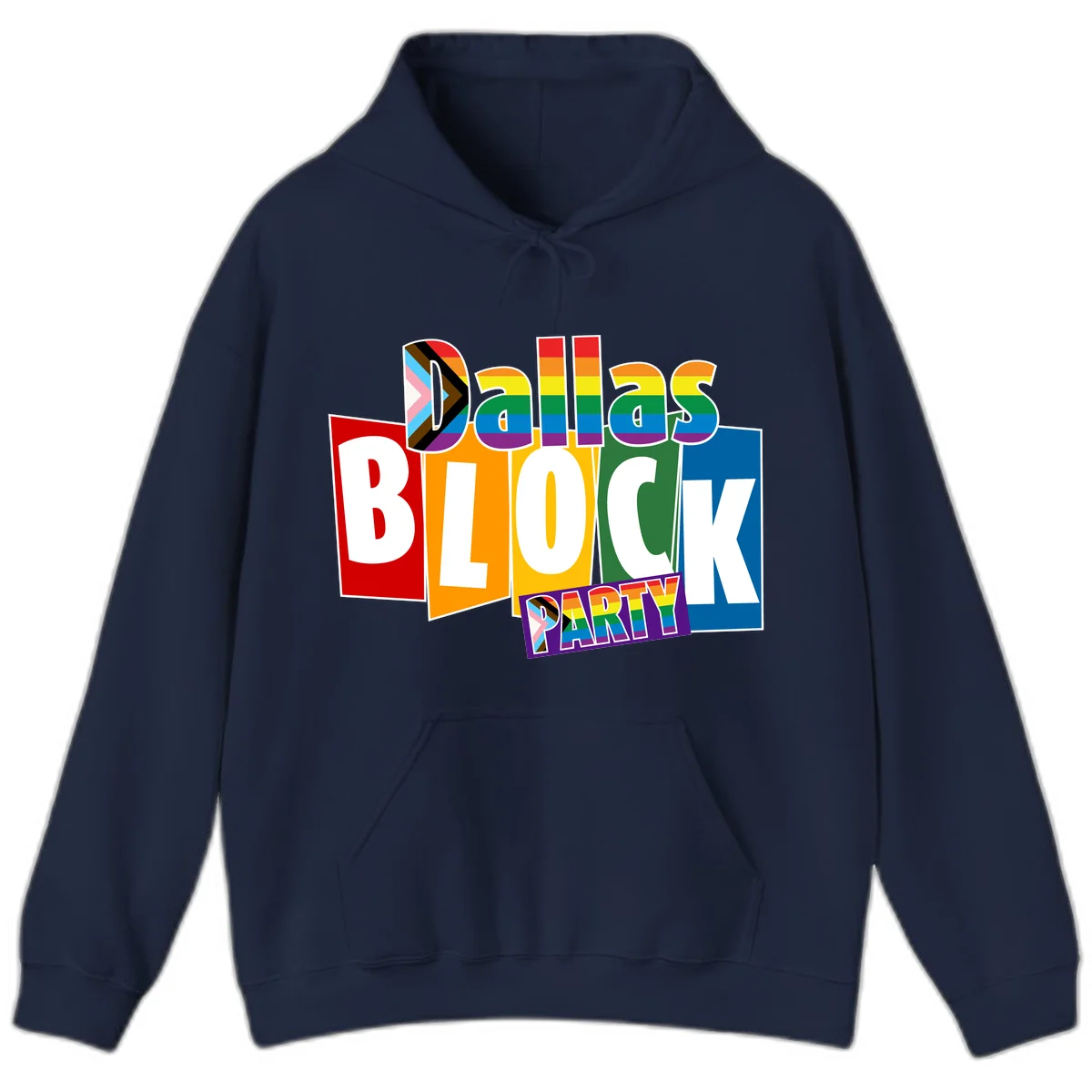 Dudes Block Party Pride design with colorful rainbow stripes, progress pride flag, and bold layered text celebrating LGBTQ+ pride in Navy