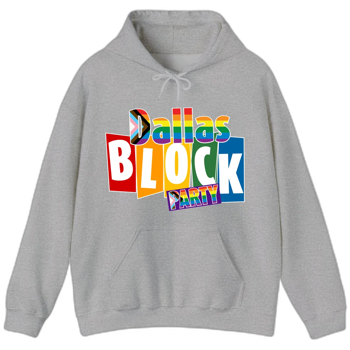 Dudes Block Party Pride design with colorful rainbow stripes, progress pride flag, and bold layered text celebrating LGBTQ+ pride in Sport Grey
