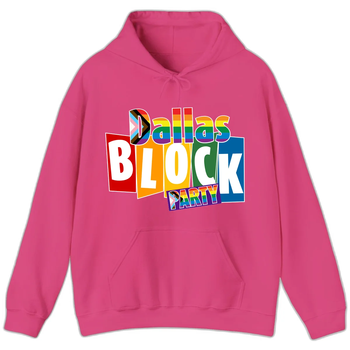 Dudes Block Party Pride design with colorful rainbow stripes, progress pride flag, and bold layered text celebrating LGBTQ+ pride in Heliconia