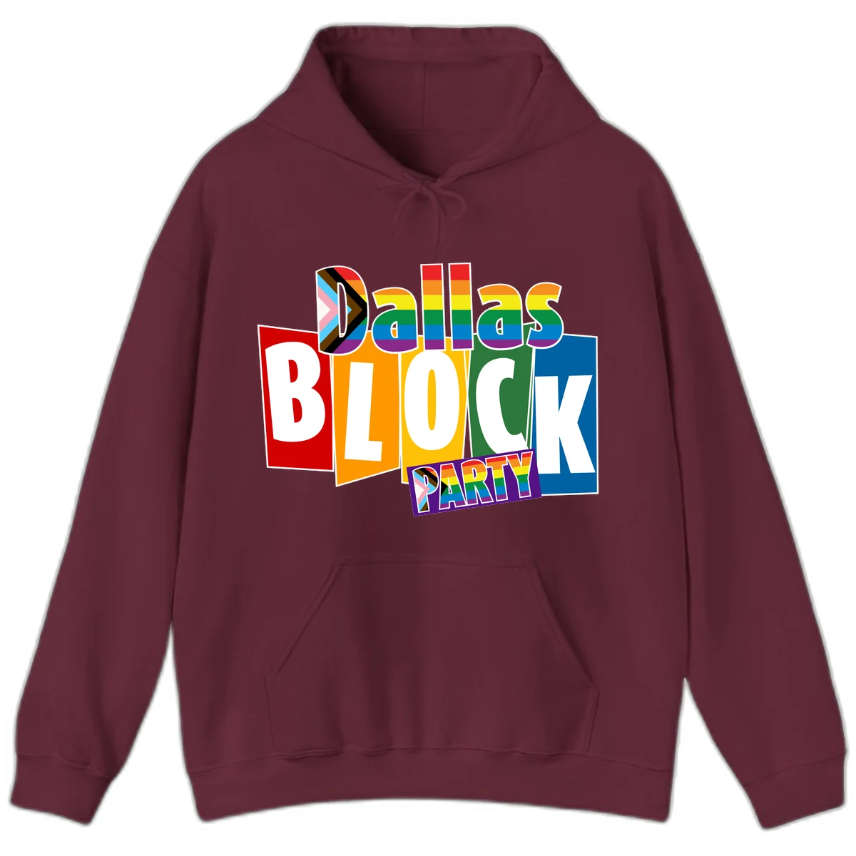 Dudes Block Party Pride design with colorful rainbow stripes, progress pride flag, and bold layered text celebrating LGBTQ+ pride in Maroon