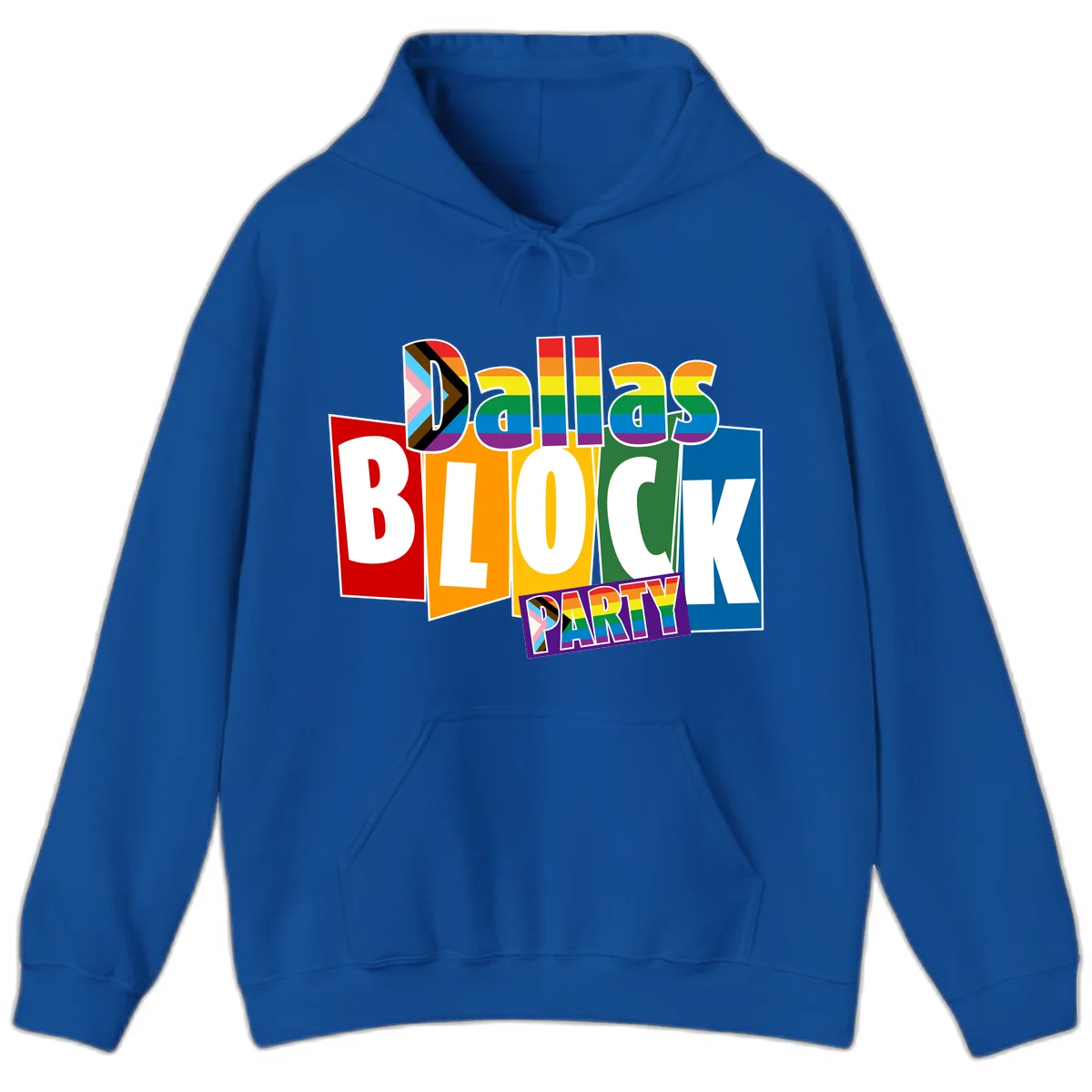 Dudes Block Party Pride design with colorful rainbow stripes, progress pride flag, and bold layered text celebrating LGBTQ+ pride in Royal