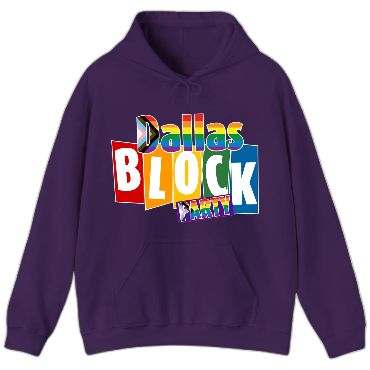 Dudes Block Party Pride design with colorful rainbow stripes, progress pride flag, and bold layered text celebrating LGBTQ+ pride in Purple
