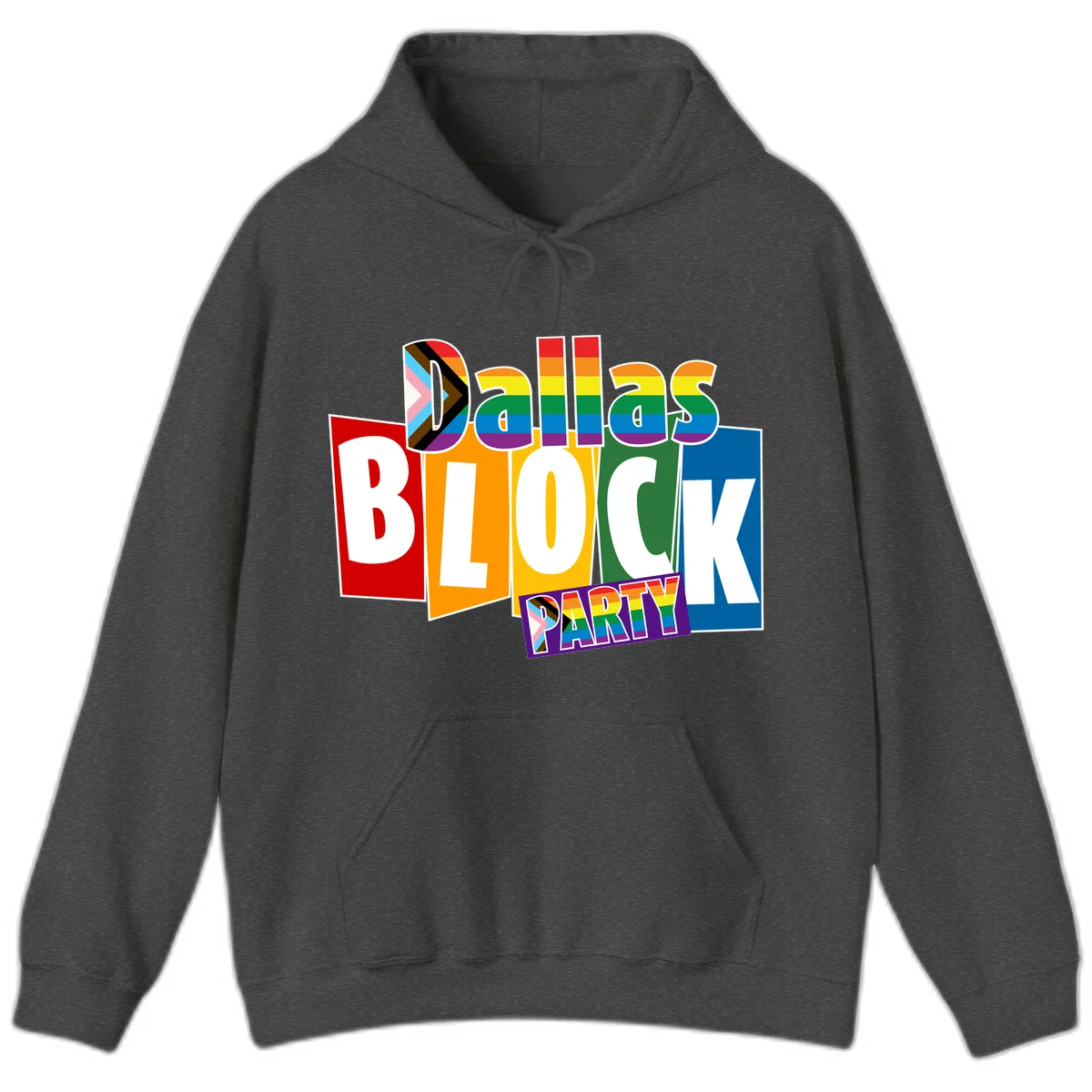 Dudes Block Party Pride design with colorful rainbow stripes, progress pride flag, and bold layered text celebrating LGBTQ+ pride in Dark Heather
