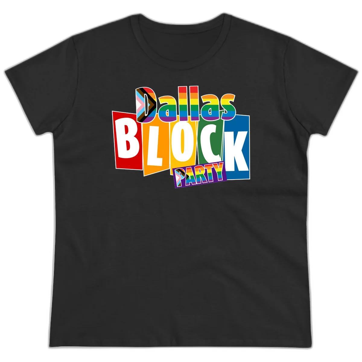 Dudes Block Party Pride design with colorful rainbow stripes, progress pride flag, and bold layered text celebrating LGBTQ+ pride in Black