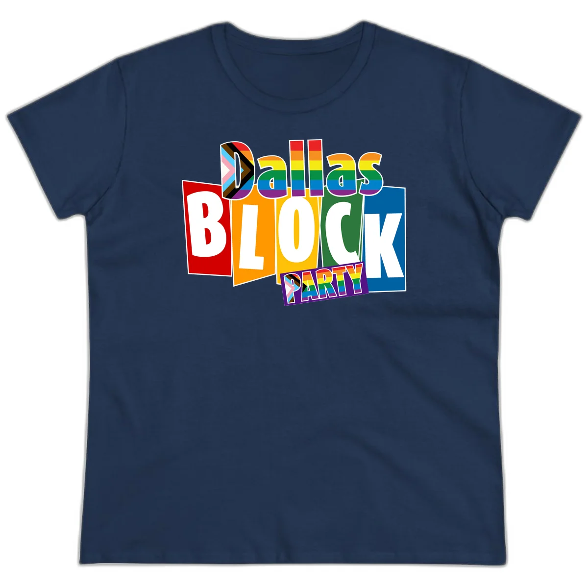Dudes Block Party Pride design with colorful rainbow stripes, progress pride flag, and bold layered text celebrating LGBTQ+ pride in Navy