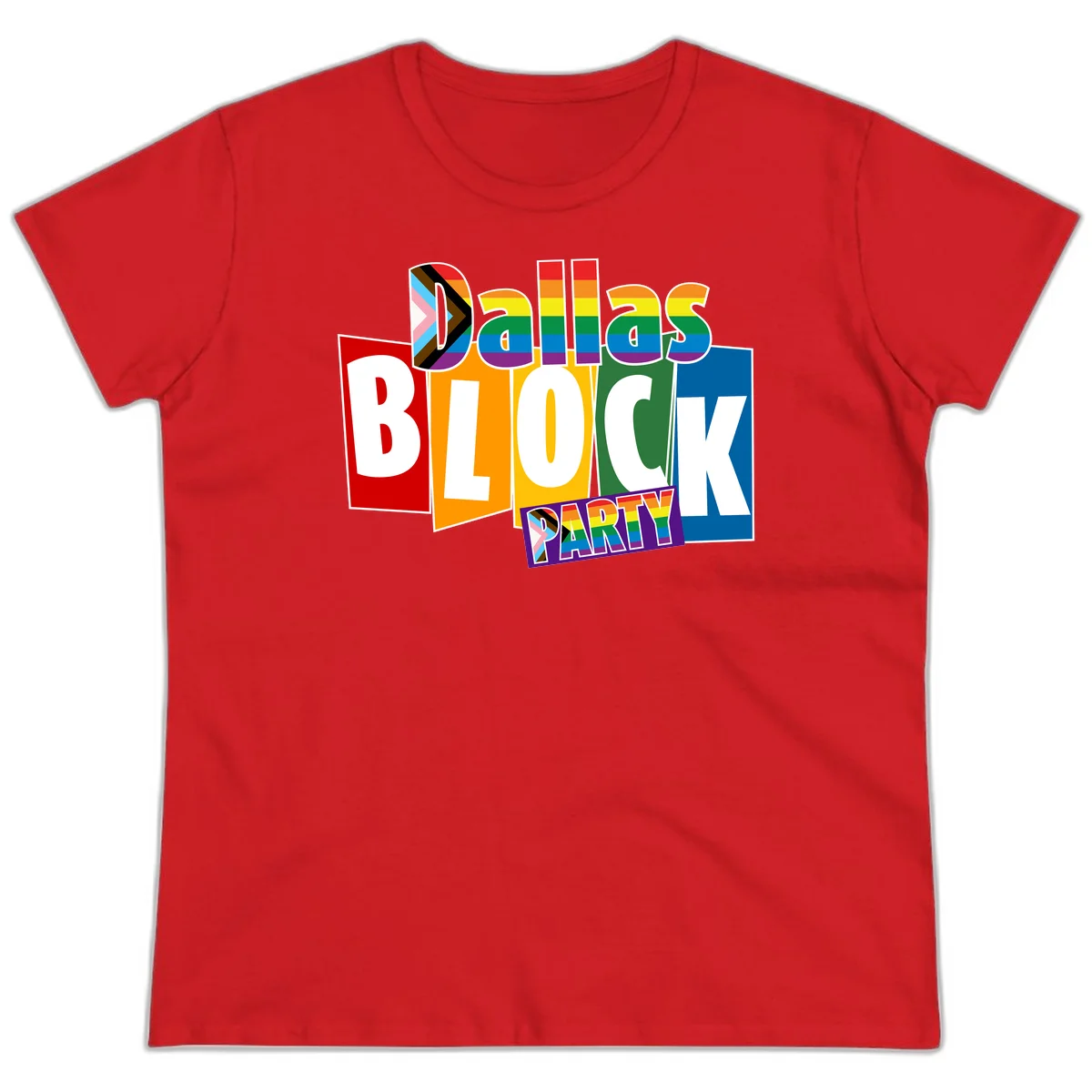 Dudes Block Party Pride design with colorful rainbow stripes, progress pride flag, and bold layered text celebrating LGBTQ+ pride in Red