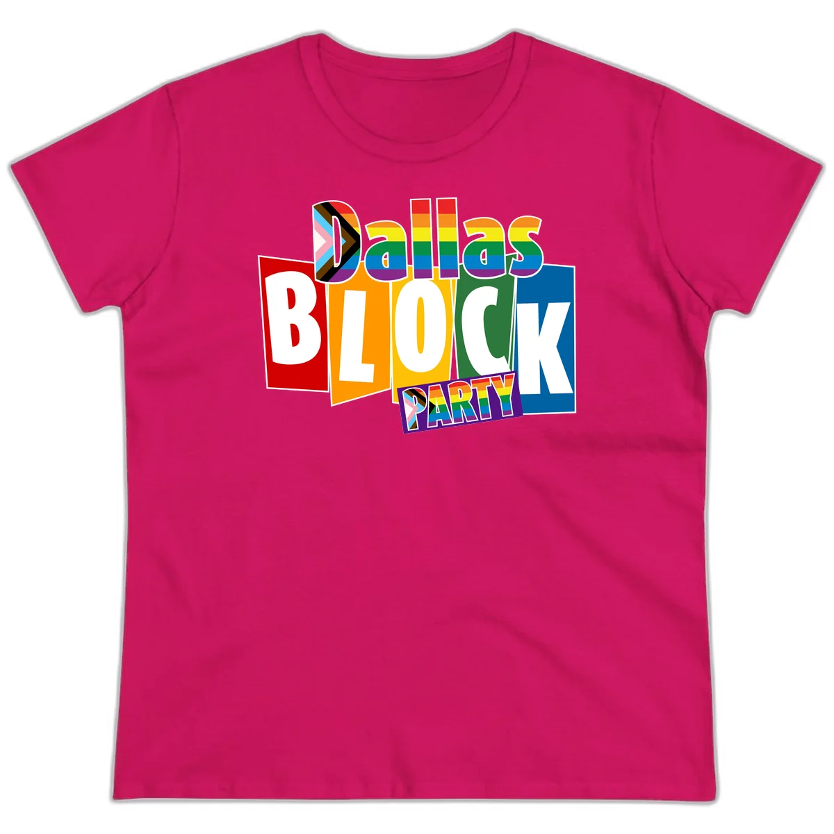 Dudes Block Party Pride design with colorful rainbow stripes, progress pride flag, and bold layered text celebrating LGBTQ+ pride in Heliconia