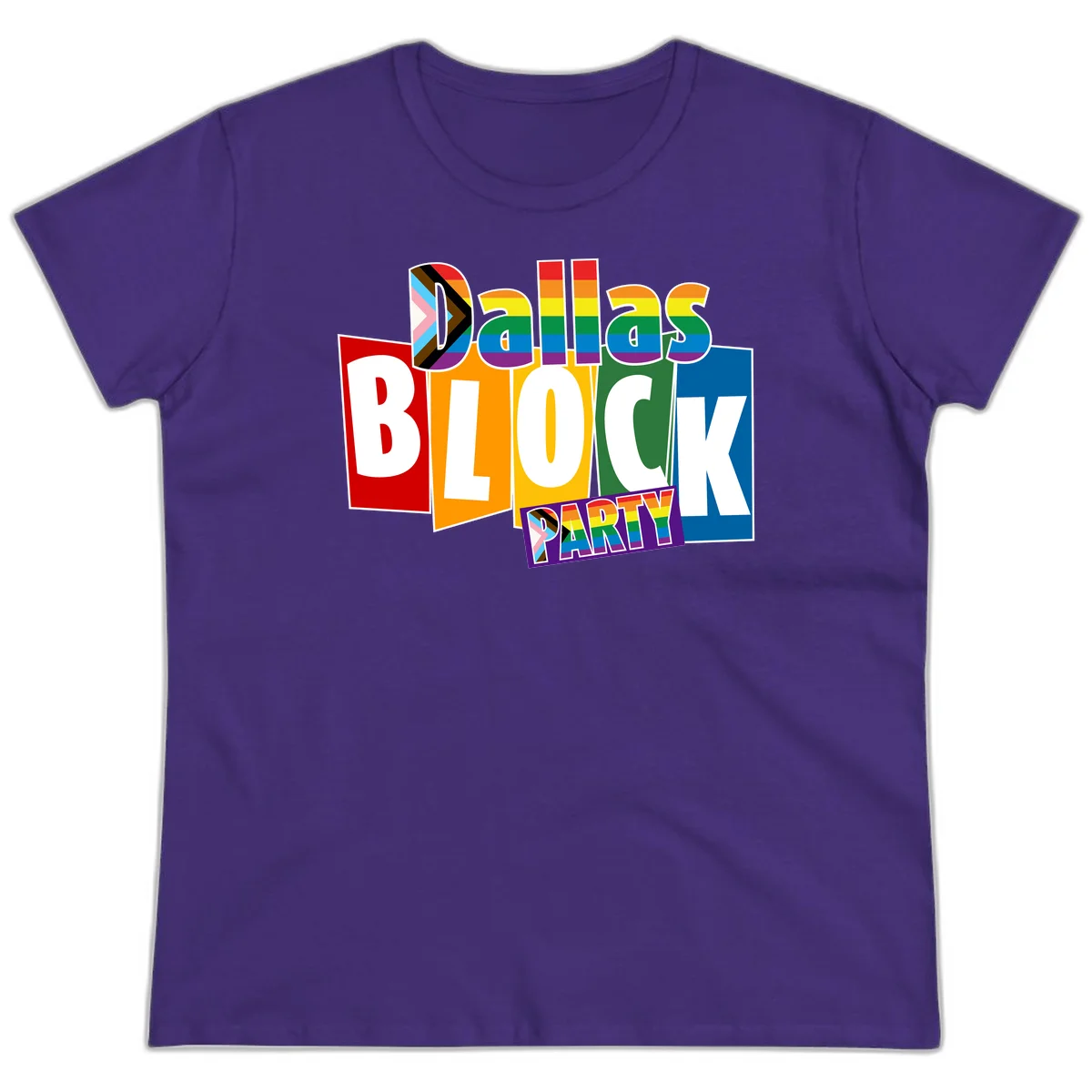 Dudes Block Party Pride design with colorful rainbow stripes, progress pride flag, and bold layered text celebrating LGBTQ+ pride in Purple