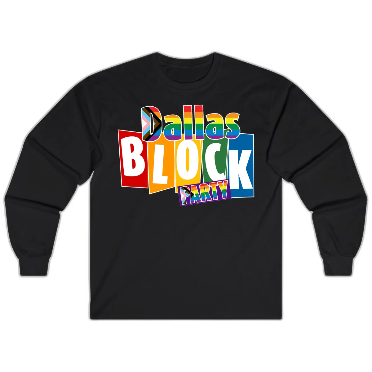 Dudes Block Party Pride design with colorful rainbow stripes, progress pride flag, and bold layered text celebrating LGBTQ+ pride in Black