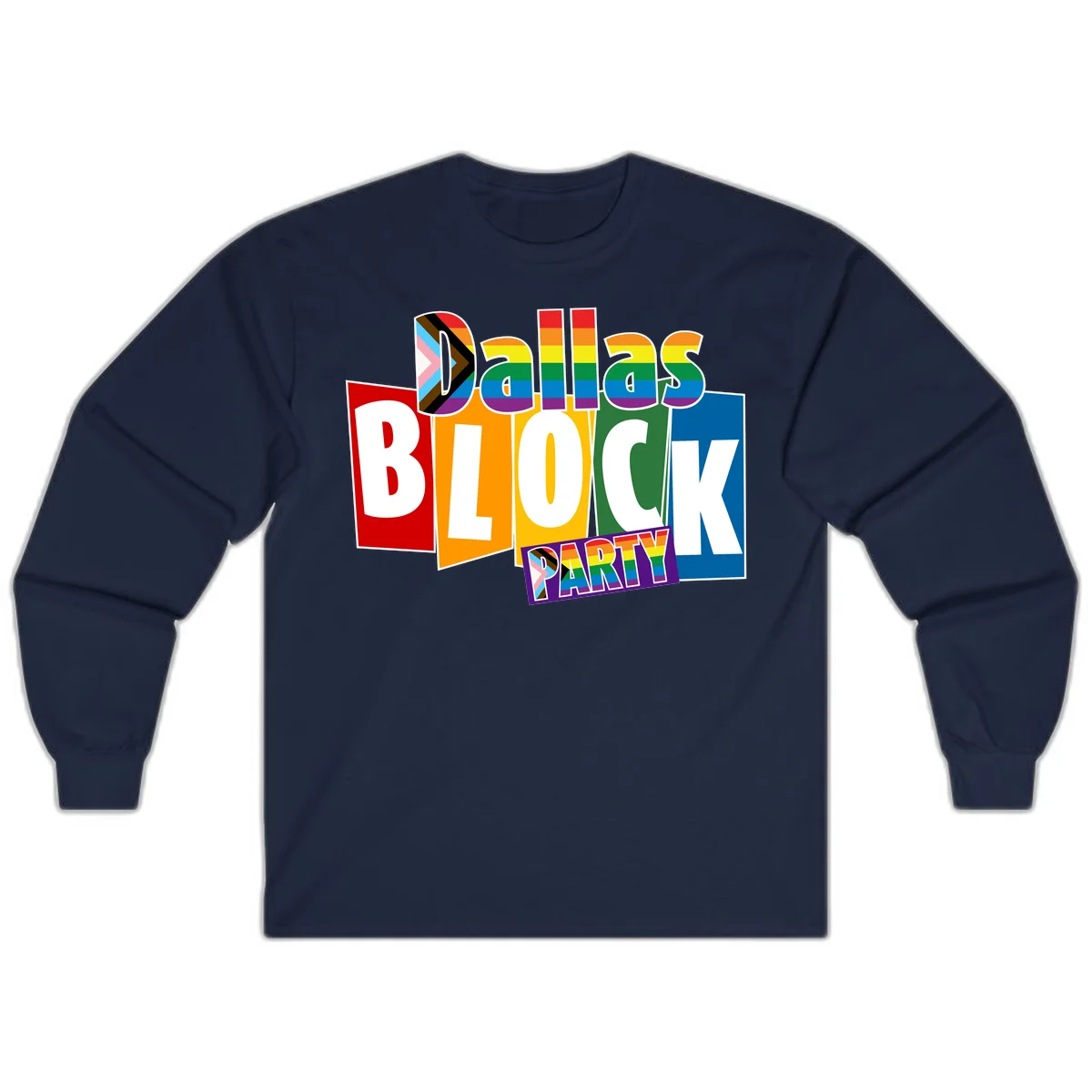 Dudes Block Party Pride design with colorful rainbow stripes, progress pride flag, and bold layered text celebrating LGBTQ+ pride in Navy