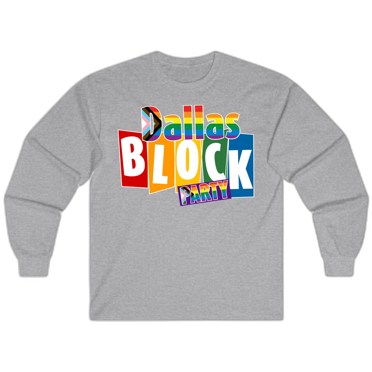 Dudes Block Party Pride design with colorful rainbow stripes, progress pride flag, and bold layered text celebrating LGBTQ+ pride in Sport Grey