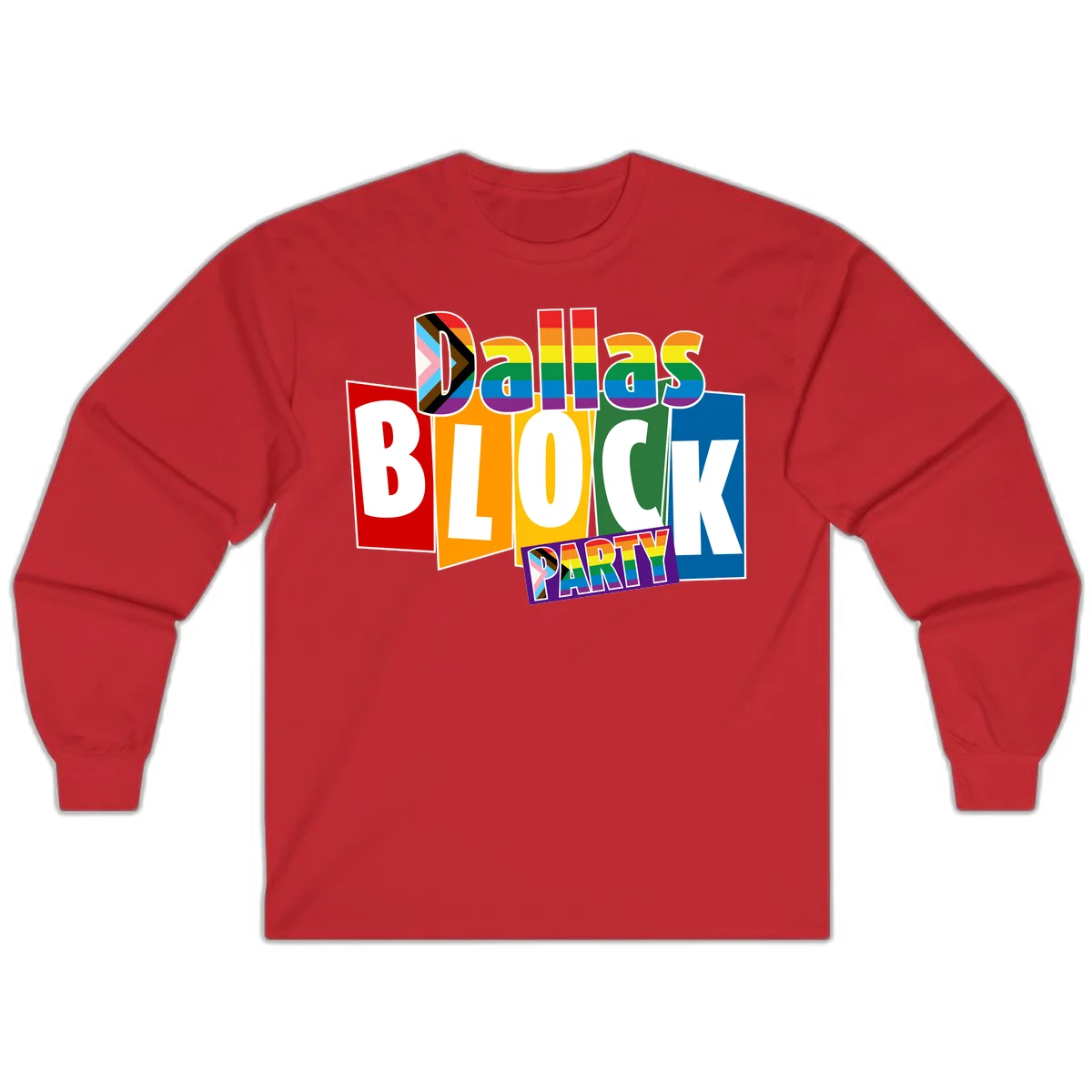 Dudes Block Party Pride design with colorful rainbow stripes, progress pride flag, and bold layered text celebrating LGBTQ+ pride in Red