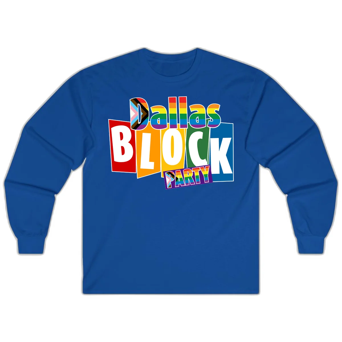 Dudes Block Party Pride design with colorful rainbow stripes, progress pride flag, and bold layered text celebrating LGBTQ+ pride in Royal