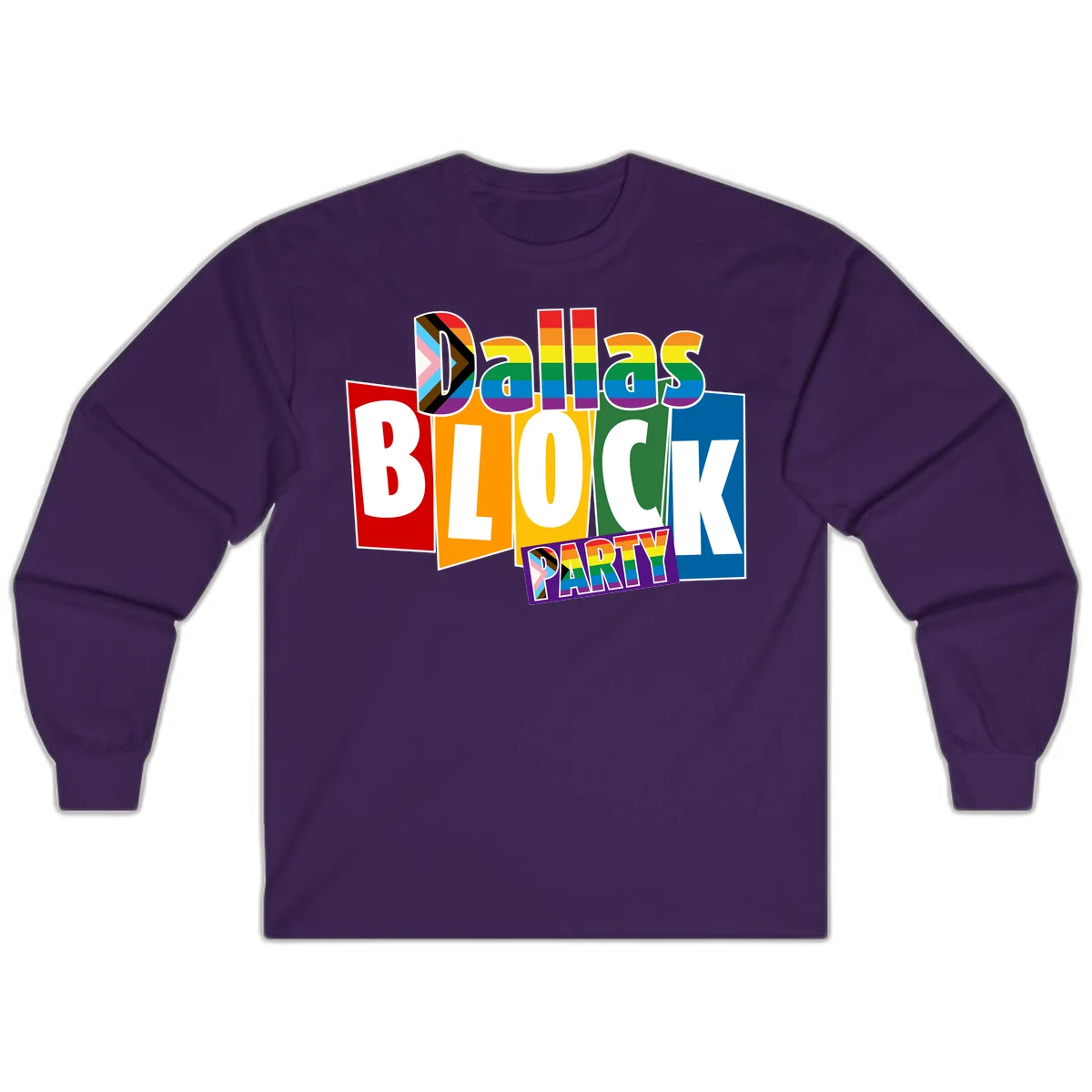 Dudes Block Party Pride design with colorful rainbow stripes, progress pride flag, and bold layered text celebrating LGBTQ+ pride in Purple
