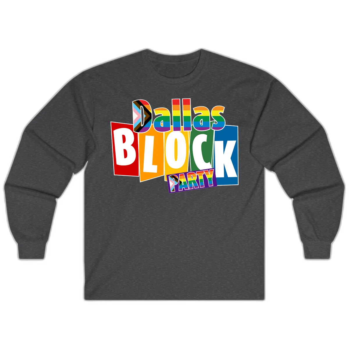 Dudes Block Party Pride design with colorful rainbow stripes, progress pride flag, and bold layered text celebrating LGBTQ+ pride in Dark Heather