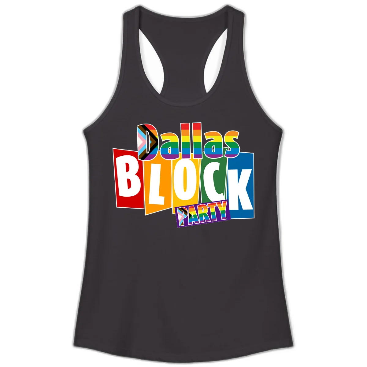 Dudes Block Party Pride design with colorful rainbow stripes, progress pride flag, and bold layered text celebrating LGBTQ+ pride in Black