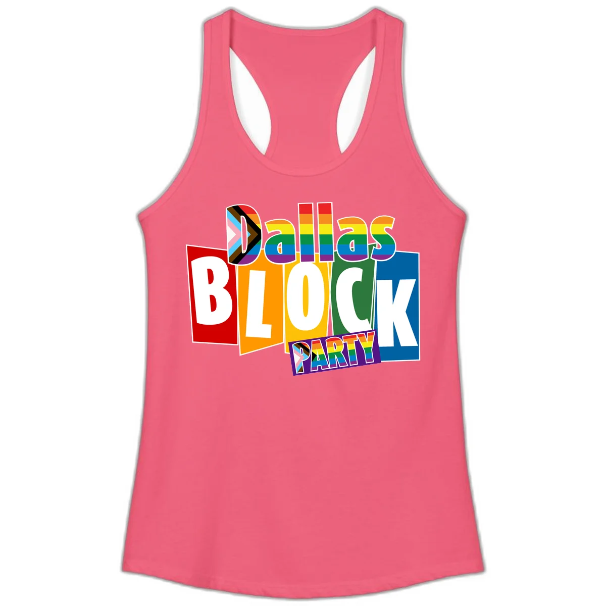 Dudes Block Party Pride design with colorful rainbow stripes, progress pride flag, and bold layered text celebrating LGBTQ+ pride in Hot Pink