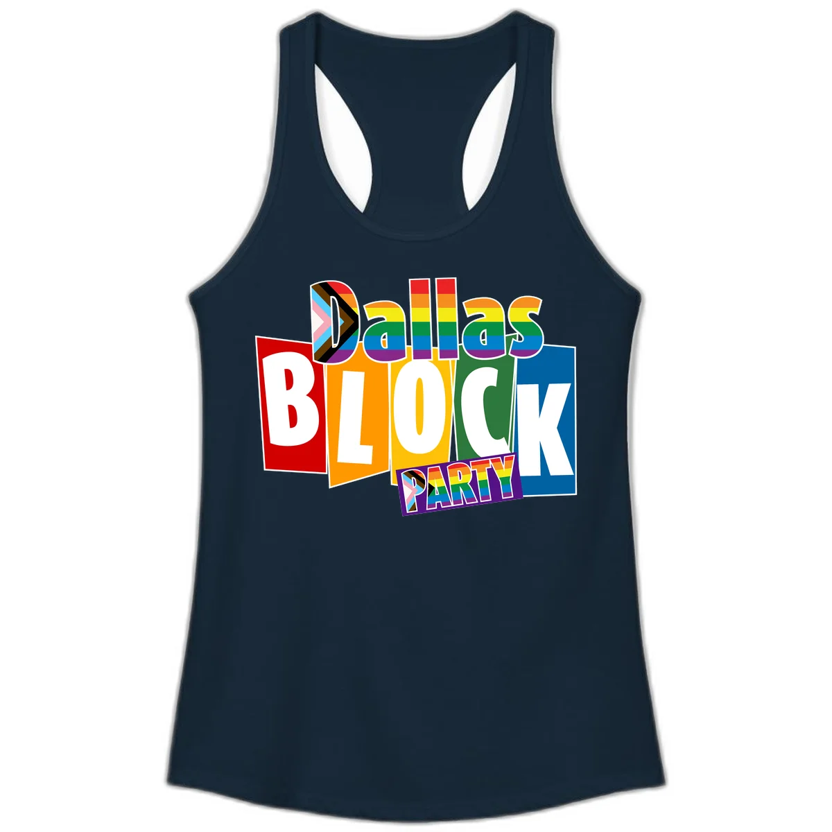 Dudes Block Party Pride design with colorful rainbow stripes, progress pride flag, and bold layered text celebrating LGBTQ+ pride in Solid Midnight Navy