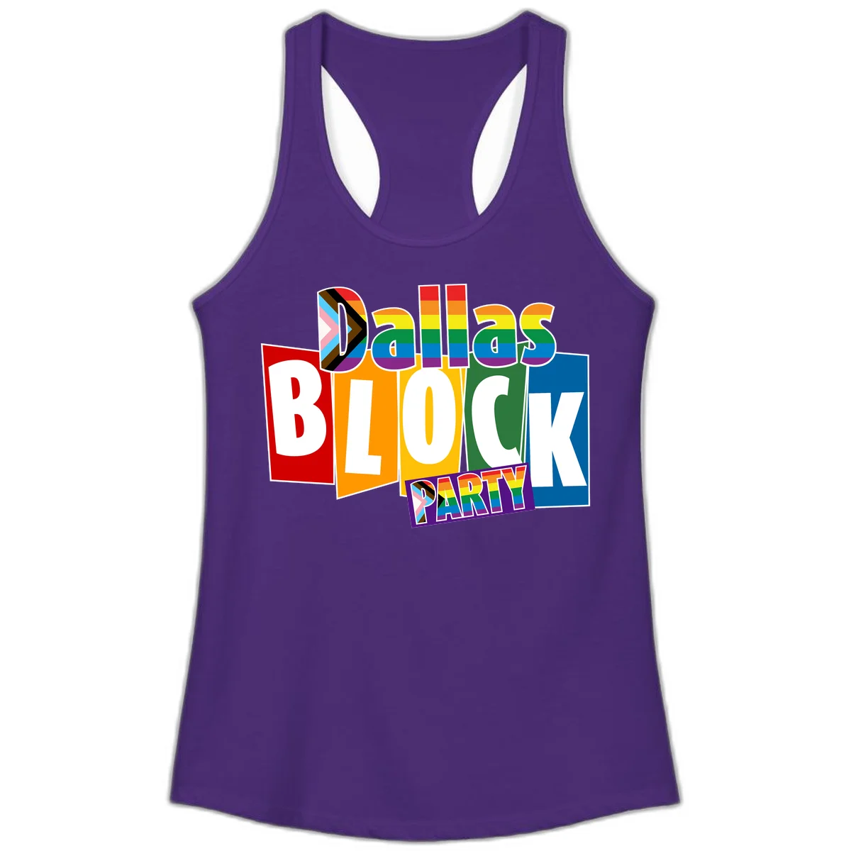 Dudes Block Party Pride design with colorful rainbow stripes, progress pride flag, and bold layered text celebrating LGBTQ+ pride in Solid Purple Rush