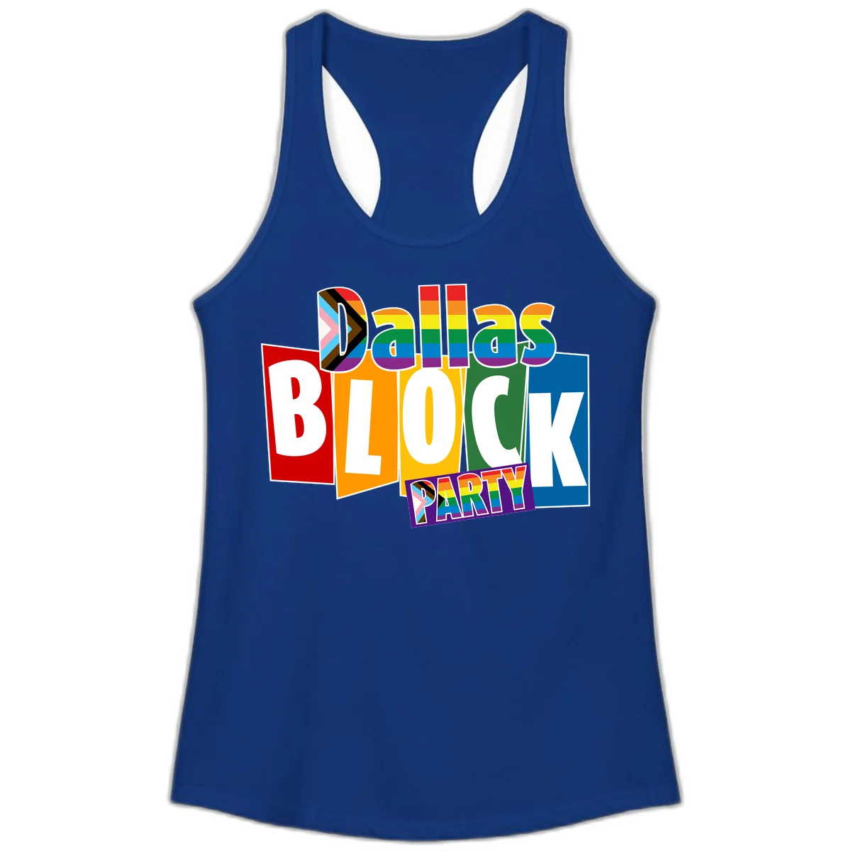 Dudes Block Party Pride design with colorful rainbow stripes, progress pride flag, and bold layered text celebrating LGBTQ+ pride in Solid Royal